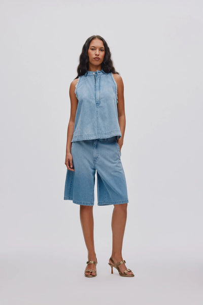Rabens Saloner Faya Halter Denim Top - Light Washed Denim