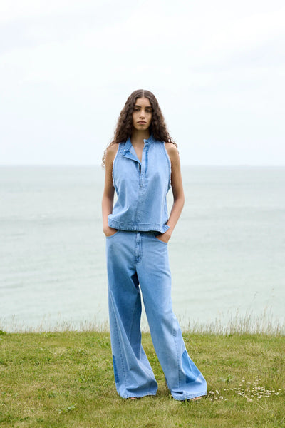 Rabens Saloner Faya Halter Denim Top - Light Washed Denim