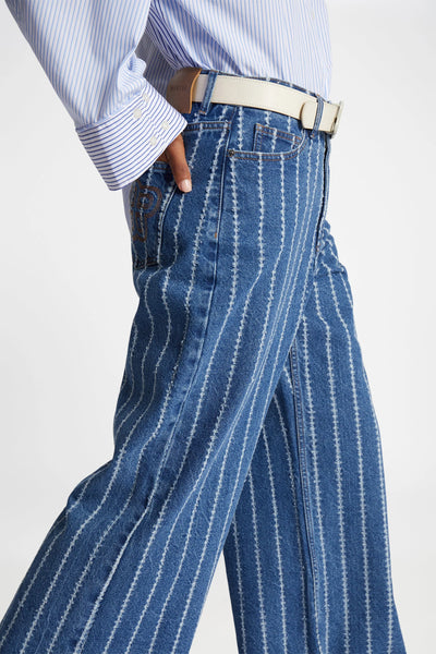 Munthe Ecube Pinstripe Wide Leg Jeans - Indigo Denim