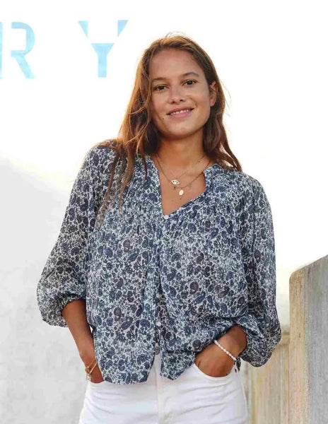 M.A.B.E. Apparel Esti Print Long Sleeve Blouse - Blue