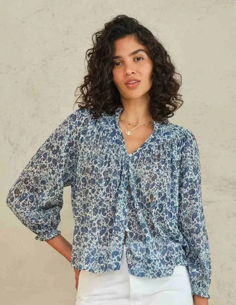 M.A.B.E. Apparel Esti Print Long Sleeve Blouse - Blue