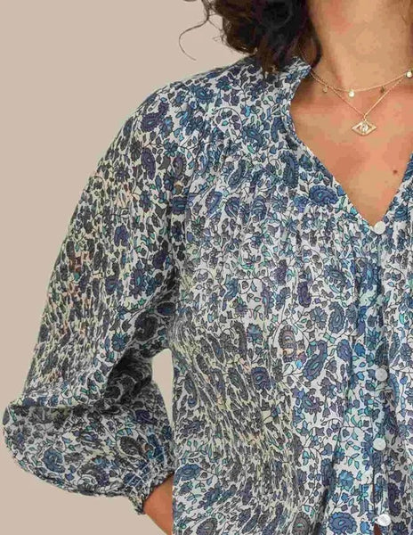 M.A.B.E. Apparel Esti Print Long Sleeve Blouse - Blue