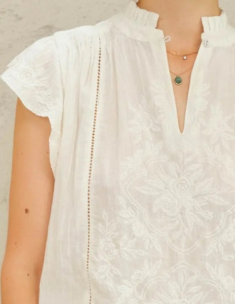 M.A.B.E. Apparel Lilia Embroidered Short Sleeve Top - Ecru