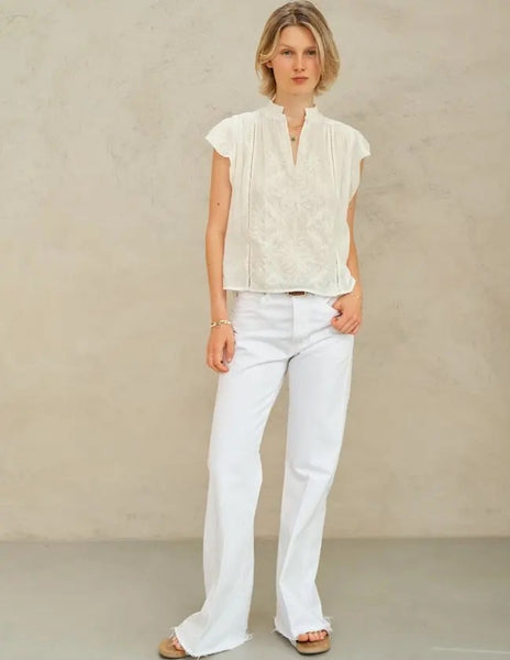 M.A.B.E. Apparel Lilia Embroidered Short Sleeve Top - Ecru