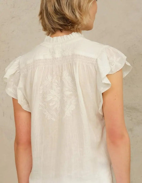 M.A.B.E. Apparel Lilia Embroidered Short Sleeve Top - Ecru