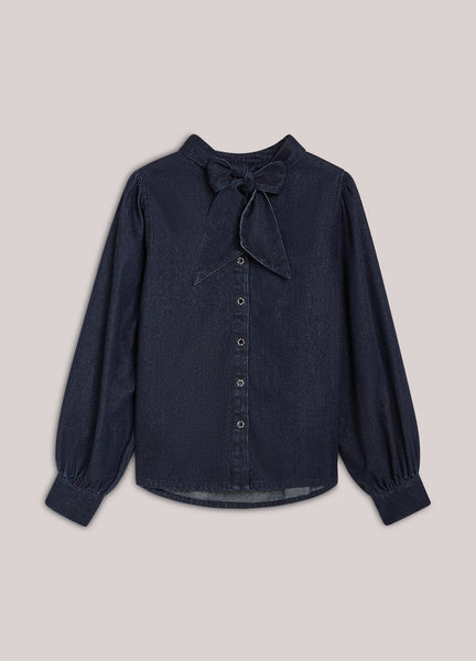 Summum Woman Denim Pussy Bow Blouse with Lurex - Denim