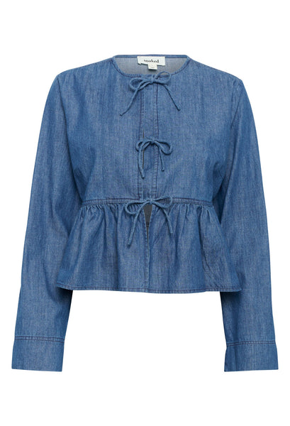 Soaked in Luxury SLChamy Tie Bow Shirt - Medium Blue Cotton