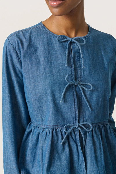 Soaked in Luxury SLChamy Tie Bow Shirt - Medium Blue Cotton