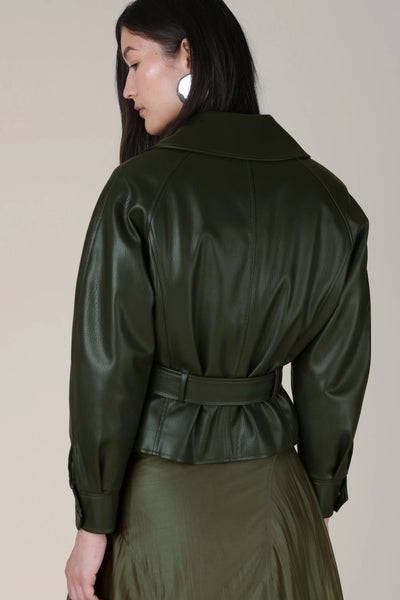 VI.VE.RE Ayla Beleted Faux Leather Jacket - Dark Green