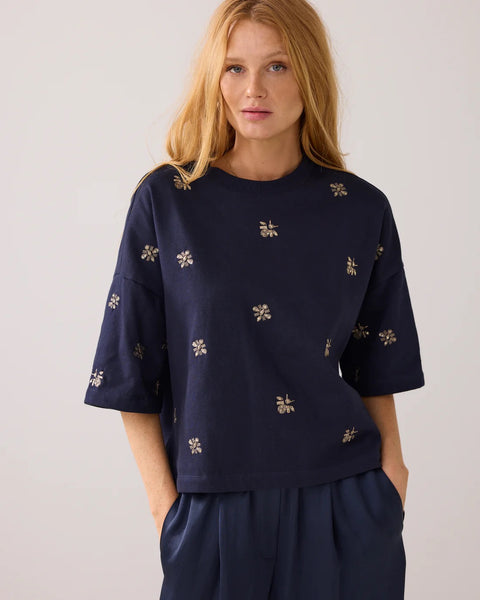 Summum Woman Boxy Sweat Top with Embelishment - Navy
