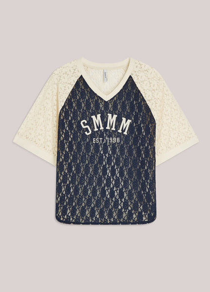 Summum Woman Baseball v Neck Shirt in Lace - Black / Ivory