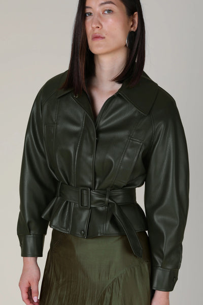 VI.VE.RE Ayla Beleted Faux Leather Jacket - Dark Green