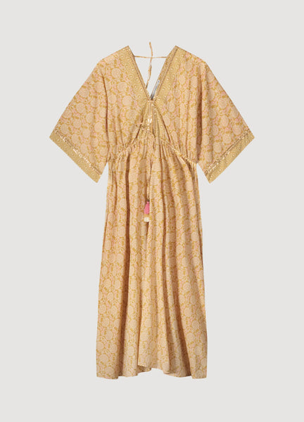 Summum Woman Kimono Dress with Shimmering Piping - Soft Camel