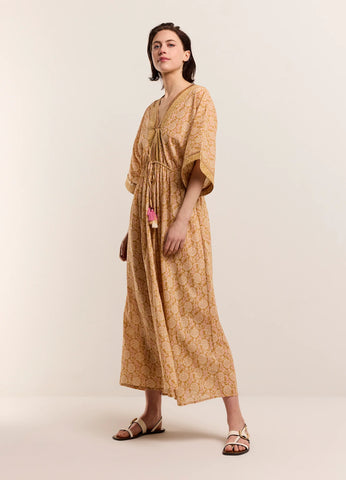 Summum Woman Kimono Dress with Shimmering Piping - Soft Camel