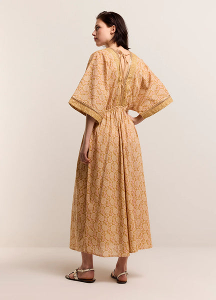 Summum Woman Kimono Dress with Shimmering Piping - Soft Camel