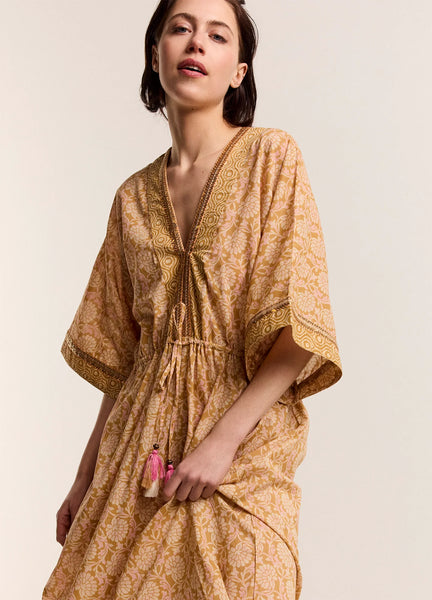 Summum Woman Kimono Dress with Shimmering Piping - Soft Camel
