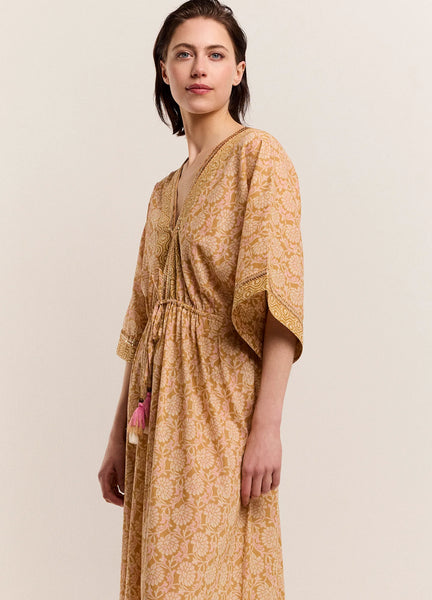 Summum Woman Kimono Dress with Shimmering Piping - Soft Camel