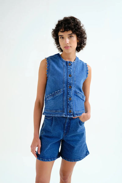 Compania Fantastica Blue Denim Shorts with Wavy Detail - Blue Denim