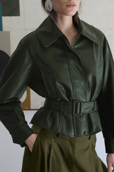 VI.VE.RE Ayla Beleted Faux Leather Jacket - Dark Green