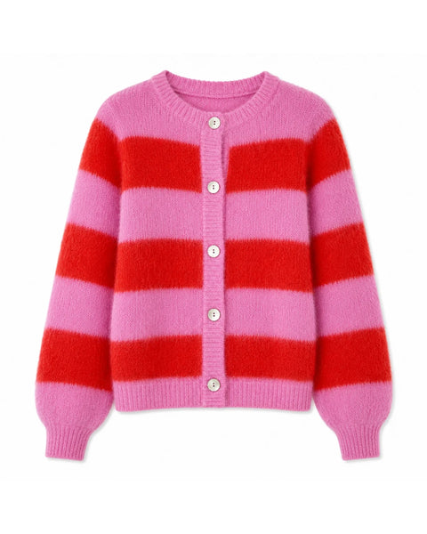 TWNS Striped Buttoned Round-neck Long Sleeve Knit - Bubblegum / Fire