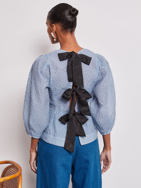 Vivere Ada Full Sleeve Bow Back Blouse - Blue