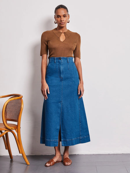 Vivere Dahlia High Waisted Long Denim Skirt -Blue Denim