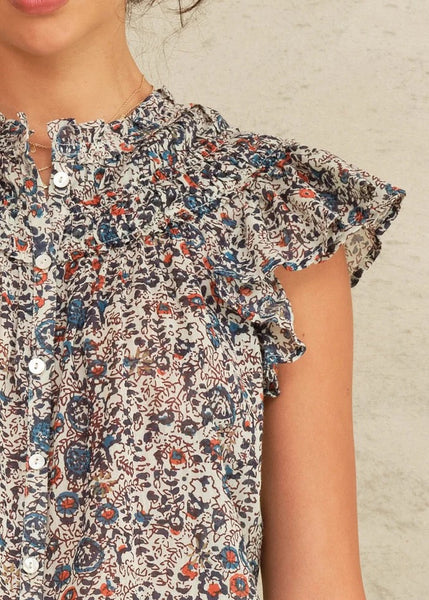 M.A.B.E. Cass Print Frill Top - Indigo / Rust