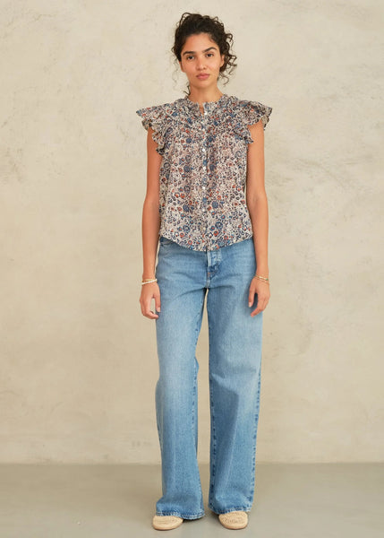 M.A.B.E. Cass Print Frill Top - Indigo / Rust