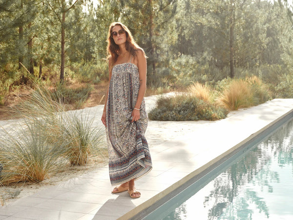 M.A.B.E. Apparel Cass Print Maxi Sundress - Indigo / Rust