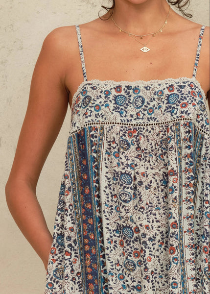 M.A.B.E. Apparel Cass Print Maxi Sundress - Indigo / Rust