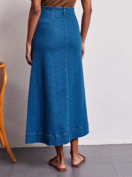 Vivere Dahlia High Waisted Long Denim Skirt -Blue Denim