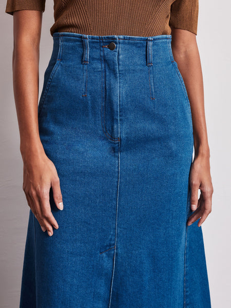 Vivere Dahlia High Waisted Long Denim Skirt -Blue Denim