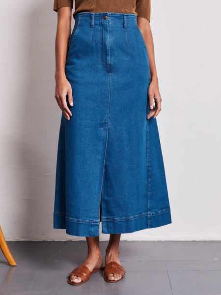 Vivere Dahlia High Waisted Long Denim Skirt -Blue Denim