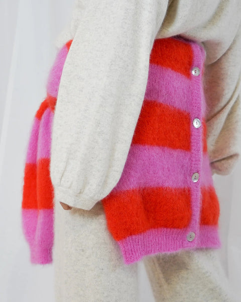 TWNS Striped Buttoned Round-neck Long Sleeve Knit - Bubblegum / Fire
