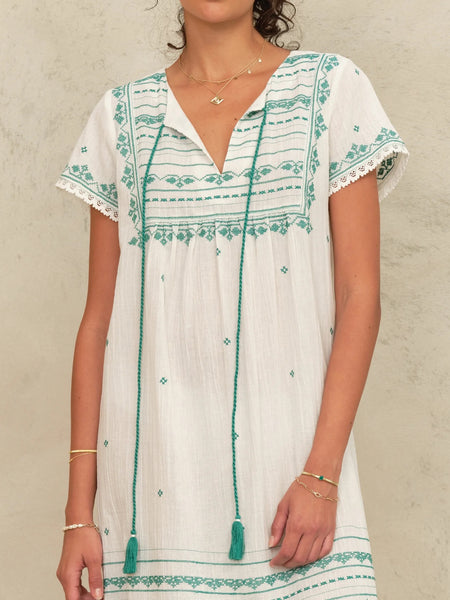 M.A.B.E Apparel Elsa Embroidered Sundress - Ecru / Green