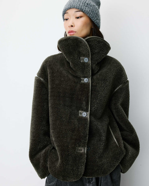 Grace & Mila Amelio Oversized Buttoned Faux-Fur Coat - Khaki