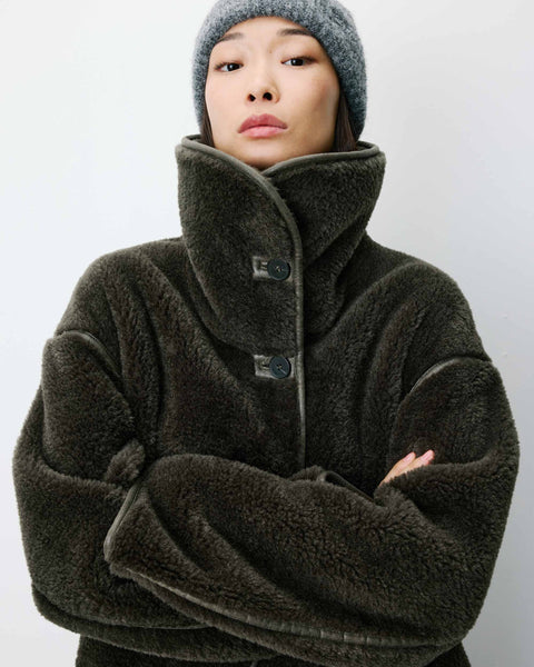 Grace & Mila Amelio Oversized Buttoned Faux-Fur Coat - Khaki