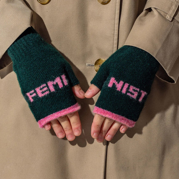 Black & Beech Feminist Fingerless Mittens - Ever Green