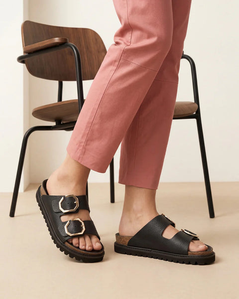 Genuins Galia Leather Embossed Slider - Black
