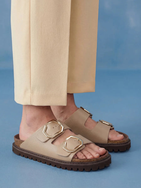 Genuins Galia Leather Embossed Slider - Taupe