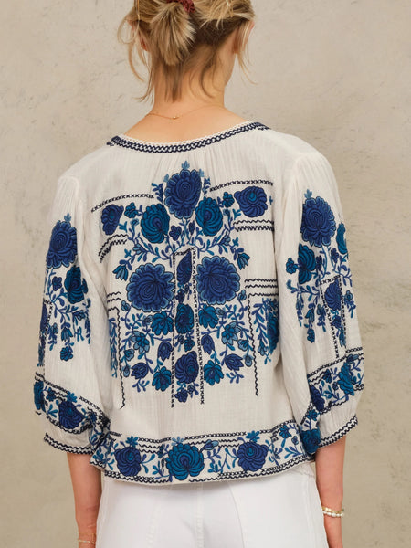 M.A.B.E Apparel Greta Embroidered Jacket - Ecru/Blue