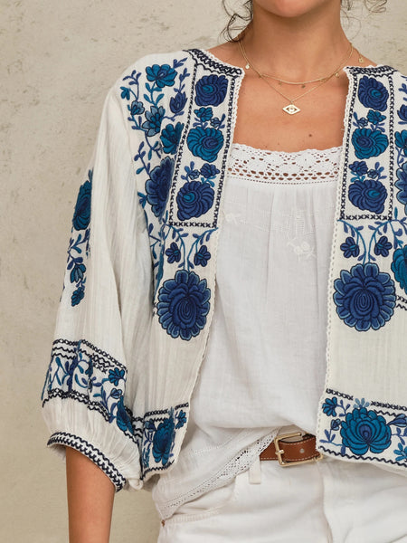 M.A.B.E Apparel Greta Embroidered Jacket - Ecru/Blue