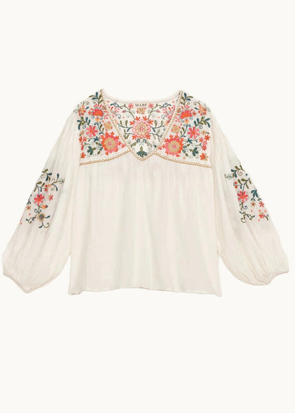 M.A.B.E Apparel Loren Embroidered Long Sleeve Top - Ecru/Multi
