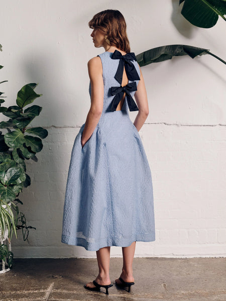 Vivere Pippa Midi Dress with Back Bows - Blue