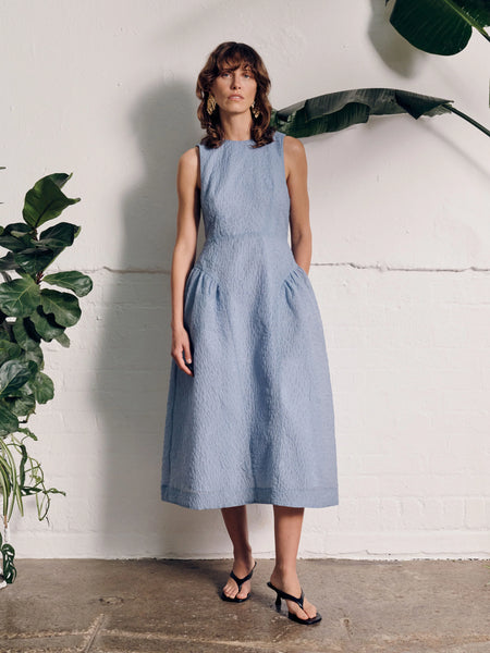 Vivere Pippa Midi Dress with Back Bows - Blue