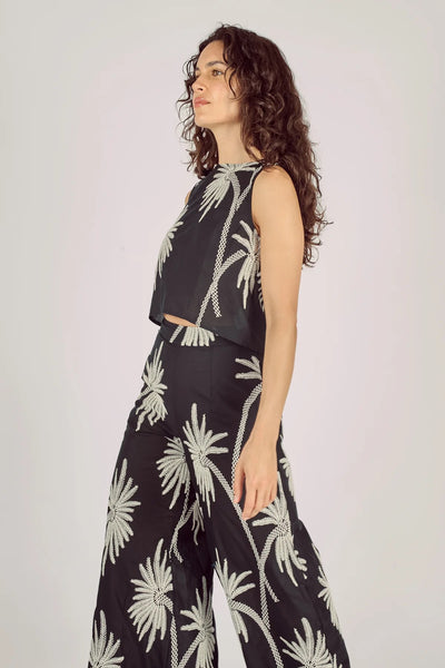 Traffic People Wide Boy Trousers - Black Embroidered