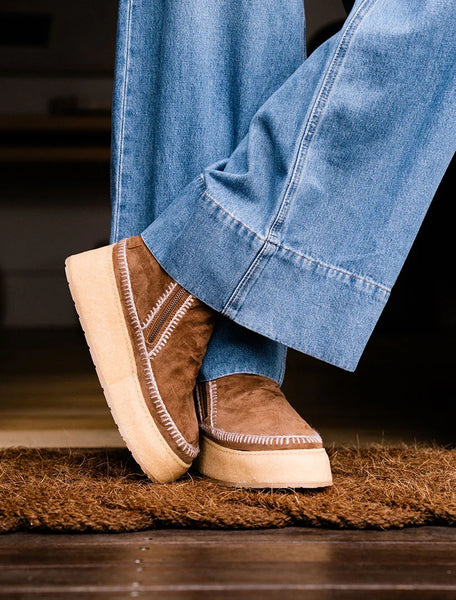 Laidback London Setsu Platform Crochet Ankle Boot Nutmeg Suede - Wheat