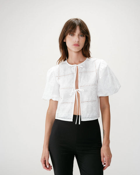Grace & Mila Wylette Broderie Anglaise Balloon Sleeve Tie Front Blouse - White