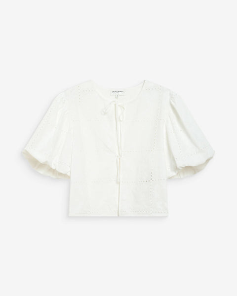 Grace & Mila Wylette Broderie Anglaise Balloon Sleeve Tie Front Blouse - White