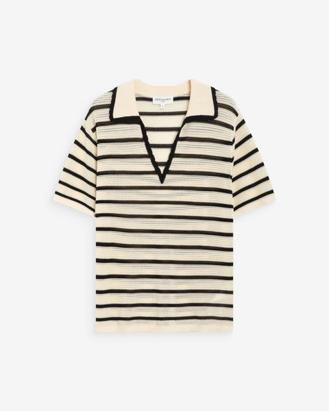 Grace & Mila Short Sleeve Stripe Polo - Black / Ecru